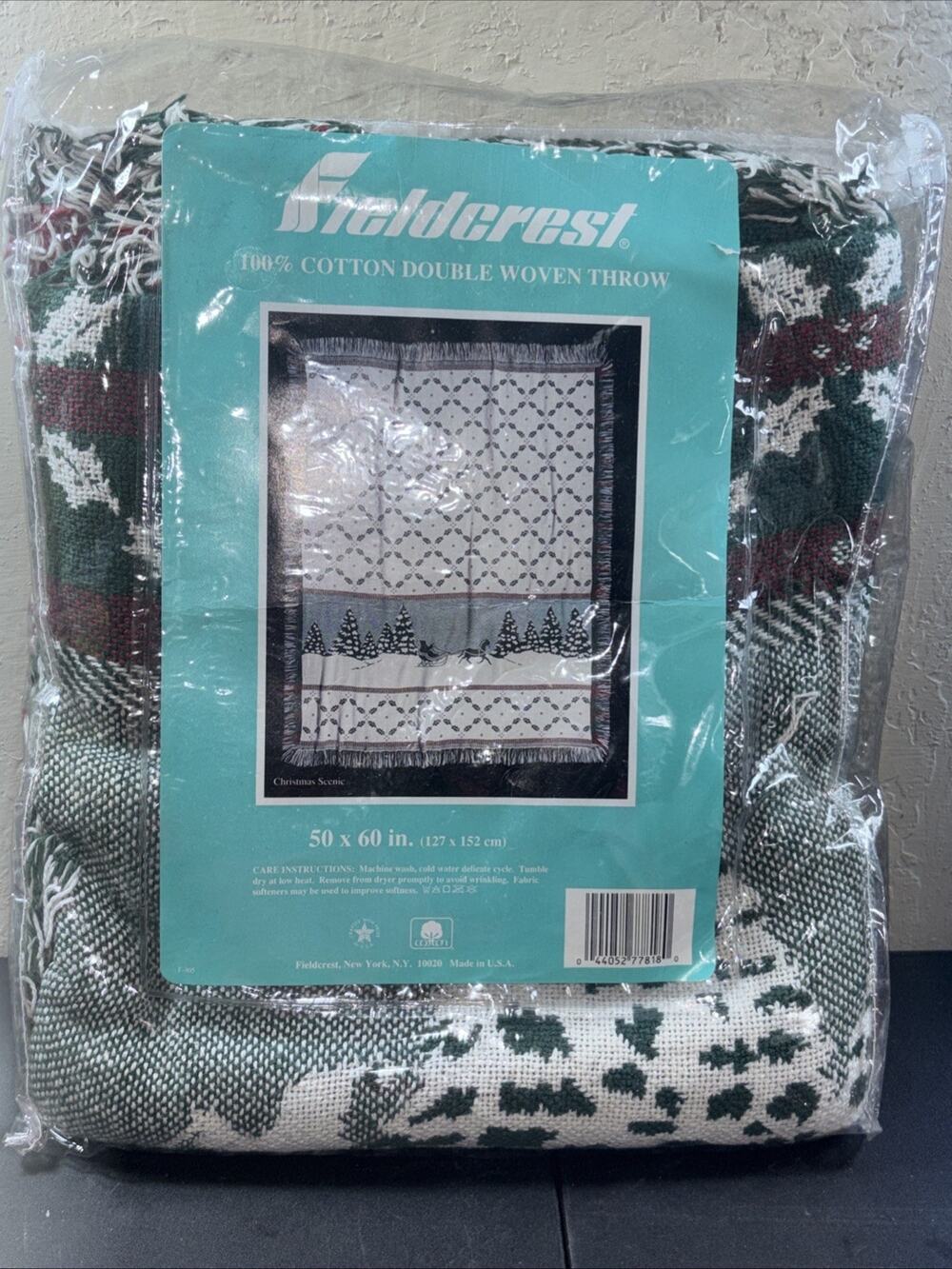 Fieldcrest 100% Cotton Double Woven Throw Christmas Scene Vintage Sleigh Ride